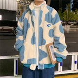 Milk Cow Pattern Fleece Jacket for Men Winter Fashion Trend Warm Clothes Teenager Loose Fit Padded Coat Harajuku Streetwear