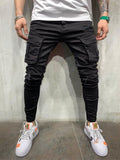 Wiaofellas Men Ripped Skinny Jeans Multi-Pocket Slim Pencil Pants Spring Black New Male Overalls Street Hip-Hop Moto & Bike Clothing