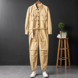 Wiaofellas Men's Jumpsuit Long Sleeve Lapel Beam Feet Cotton Overalls Hip Hop Streetwear Loose Cargo Pants Green Black Freight Trousers