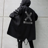 Streetwear Men Hooded Jackets Print Harajuku Windbreaker Ribbon Overcoat Male Casual Trench Man Outwear Hip Hop Coats Oversized