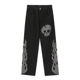 Wiaofellas High Street Fashion Skull Embroidery Splicing Straight Tube Wide Leg Pants Men's Hip Hop Loose Black Jeans Hip Hop Trousers