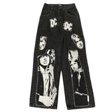 Wiaofellas Hip Hop Jeans Pant Men Patchwork Rock Band Print Wide Leg Streetwear Loose Straight Denim Patch Harajuku Trousers Couple skeleto