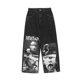 Wiaofellas Hip Hop Jeans Pant Men Patchwork Rock Band Print Wide Leg Streetwear Loose Straight Denim Patch Harajuku Trousers Couple skeleto