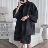 Wiaofellas Summer Men Set Shirts and Shorts Lightweight Letter Striped Half Sleeve Knee-Length Baggy Short Oversize Suit Clothing Man