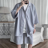 Wiaofellas Summer Men Set Shirts and Shorts Lightweight Letter Striped Half Sleeve Knee-Length Baggy Short Oversize Suit Clothing Man