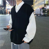 Men Sweater Vest Solid Simple Design V-Neck Knitted Males Leisure Chic Loose Trendy Street Outwear Student Couple Retro Harajuku