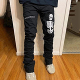 Wiaofellas Men Black Jeans  New Fashion High Waist Stretch Washed Denim Pencil Pants Skull Pattern Letter Printed Street Men Trousers