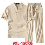 Wiaofellas Men's Clothing Large Size Tracksuit Husband Summer Suit Linen t-shirt Fashion Male Set Chinese Style 8XL 9XL plus Two Piece