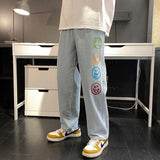 Wiaofellas Colorful Smiley Print Black Jeans Mens Straight Leg Pants Teen Hip Hop Denim Harem Trousers Baggy Boyfriend Style Streetwear New