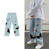 Wiaofellas Butterfly print Jeans for Men Pants Loose Baggy Jeans Casual Denim Pants Stretch Straight Fashion Trousers women Clothing