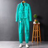 Wiaofellas Men's Jumpsuit Long Sleeve Lapel Beam Feet Cotton Overalls Hip Hop Streetwear Loose Cargo Pants Green Black Freight Trousers