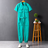 Wiaofellas Men's Jumpsuit Long Sleeve Lapel Beam Feet Cotton Overalls Hip Hop Streetwear Loose Cargo Pants Green Black Freight Trousers