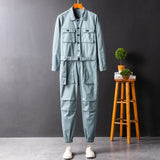 Wiaofellas Men's Jumpsuit Long Sleeve Lapel Beam Feet Cotton Overalls Hip Hop Streetwear Loose Cargo Pants Green Black Freight Trousers