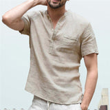 Wiaofellas Men's Flax Linen T-Shirt Casual V-Neck Button Down T-Shirts Slim Fit Cotton Linen Short Sleeve Basic Top Male Breathable
