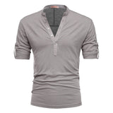 Wiaofellas  Stand Collar T-Shirt Men Solid Color 100% Cotton Middle Sleeve Men's T Shirts Summer Quality Casual Tee Shirt Male