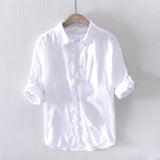 Pure Linen Shirts for Men Long Sleeve Casual Turn-down Collar Basic Classic Tops Male Fashion Solid Color Retro Clothing