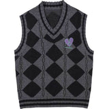 Aolamegs V-Neck Sweater Vest Men Plaid Knitted Embroidery Waistcoat Sleeveless Loose Harajuku College Style Tops Male Streetwear