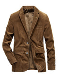 Wiaofellas Men's Corduroy Jacket Blazer Business Cocktail Attire Breathable Pocket Fall Solid Color Business Elegant Turndown Regular Blue Khaki Coffee Jacket